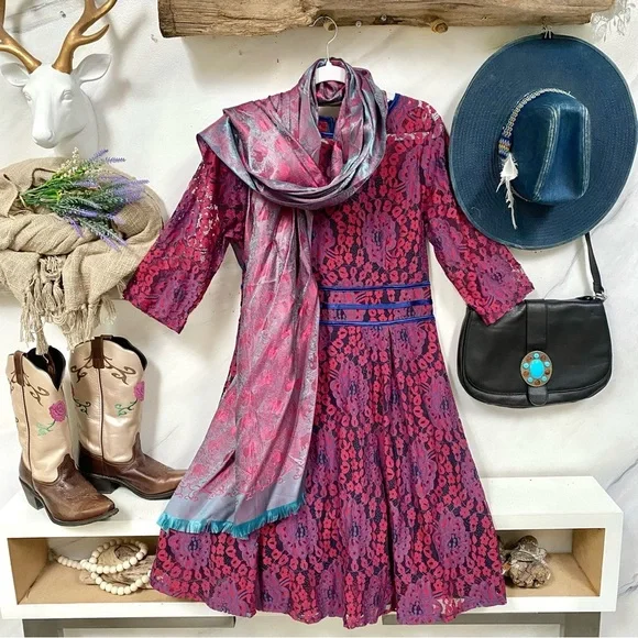 โจ Enchanting SILK Pink and Teal SCARF/body wrap w Gypsy southwestern vibe - Picture 2 of 16